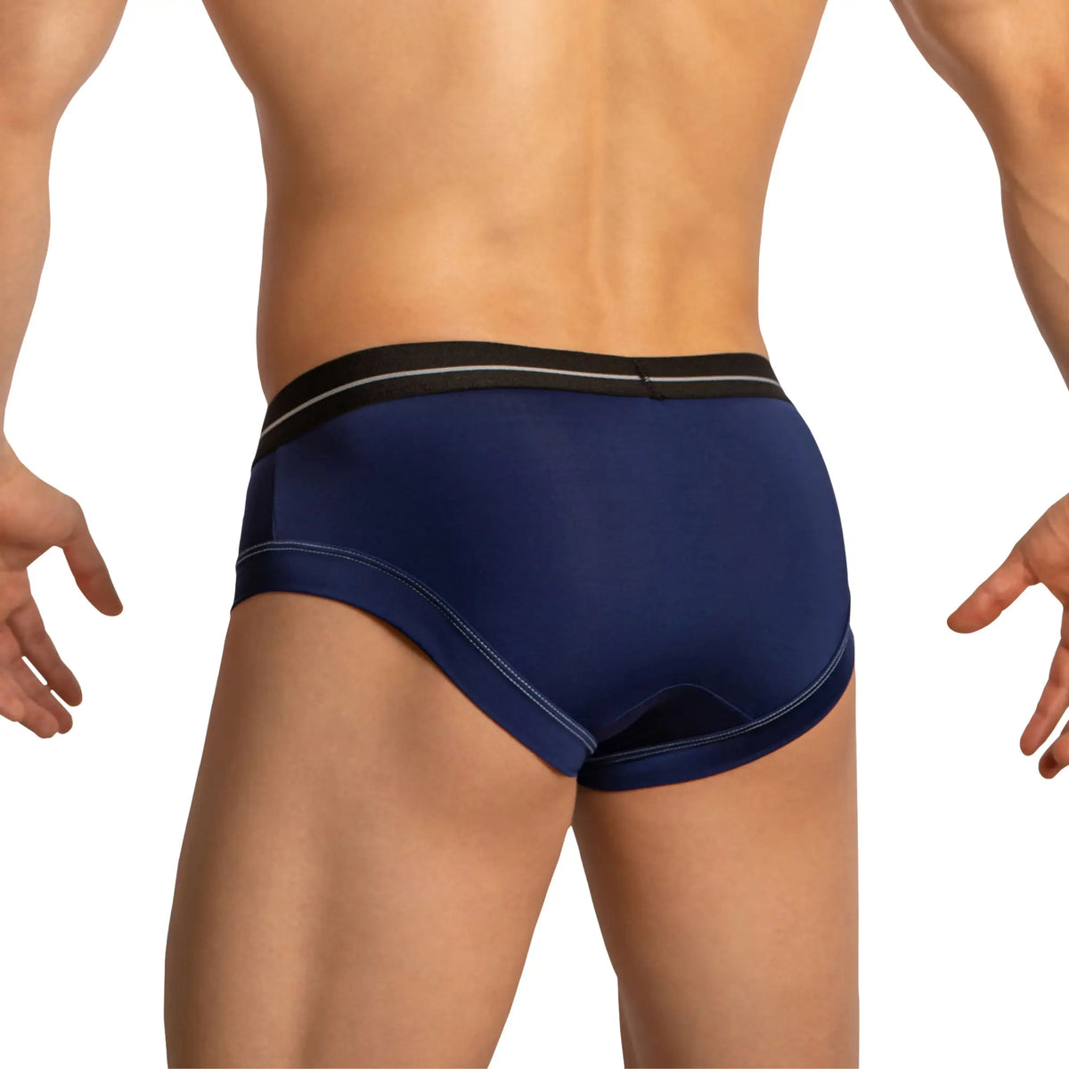 Navy blue feel feg032 boxer briefs with black waistband and white stitching details front view