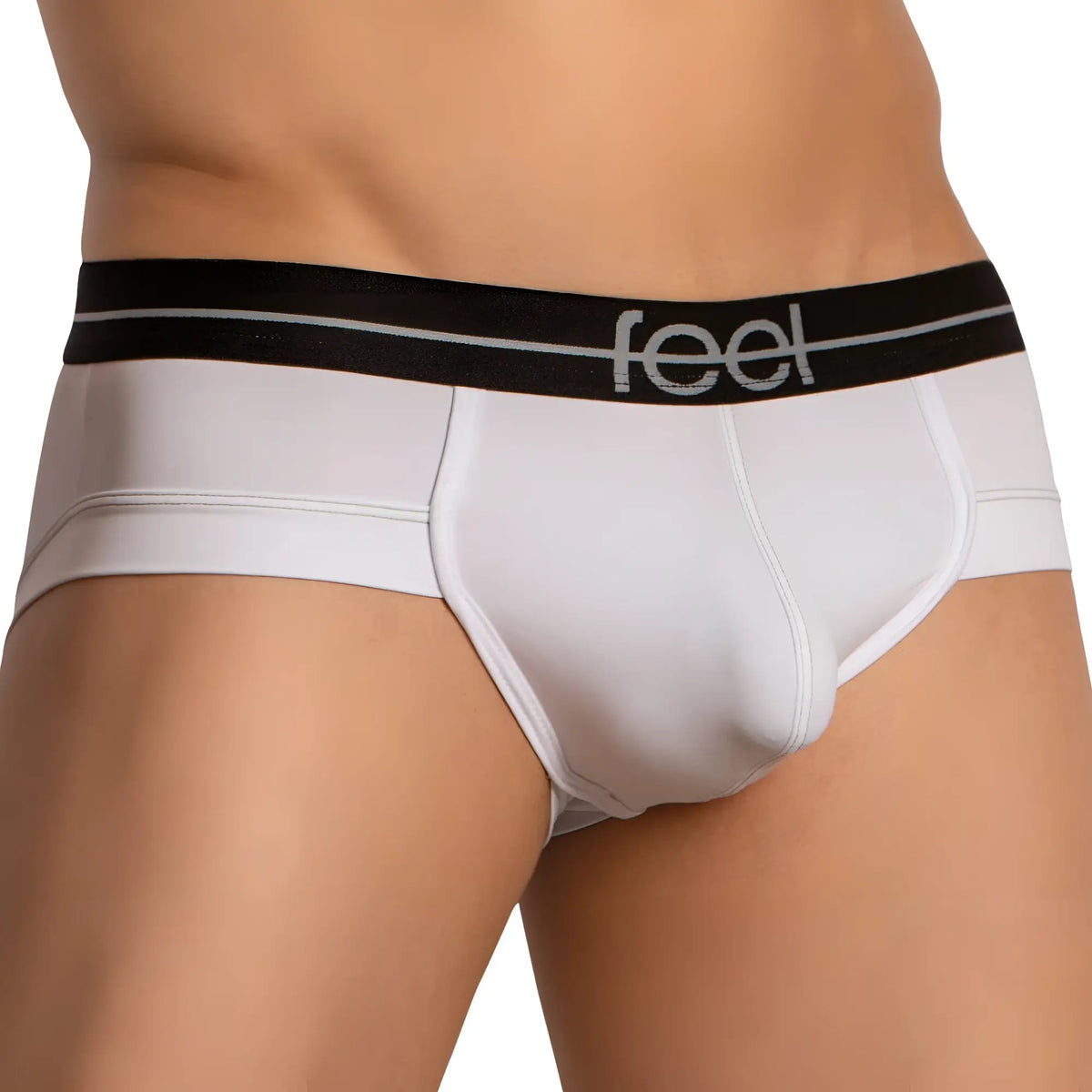 White menâ€™s briefs feel feg032 boxer with black waistband and silver feel logo for comfortable everyday wear