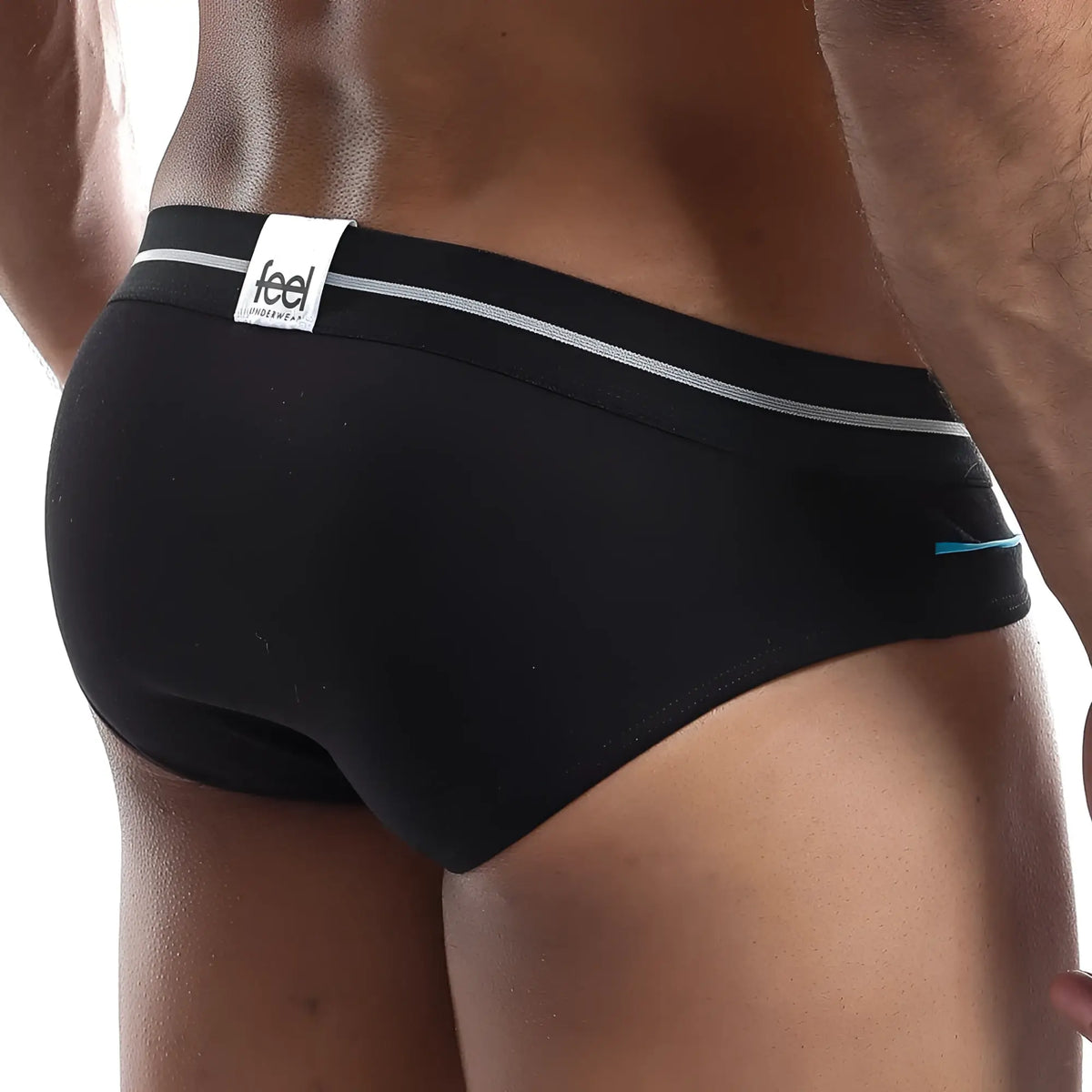 Black menâ€™s briefs feel feh005 with white and light blue trim and branded waistband for comfortable wear