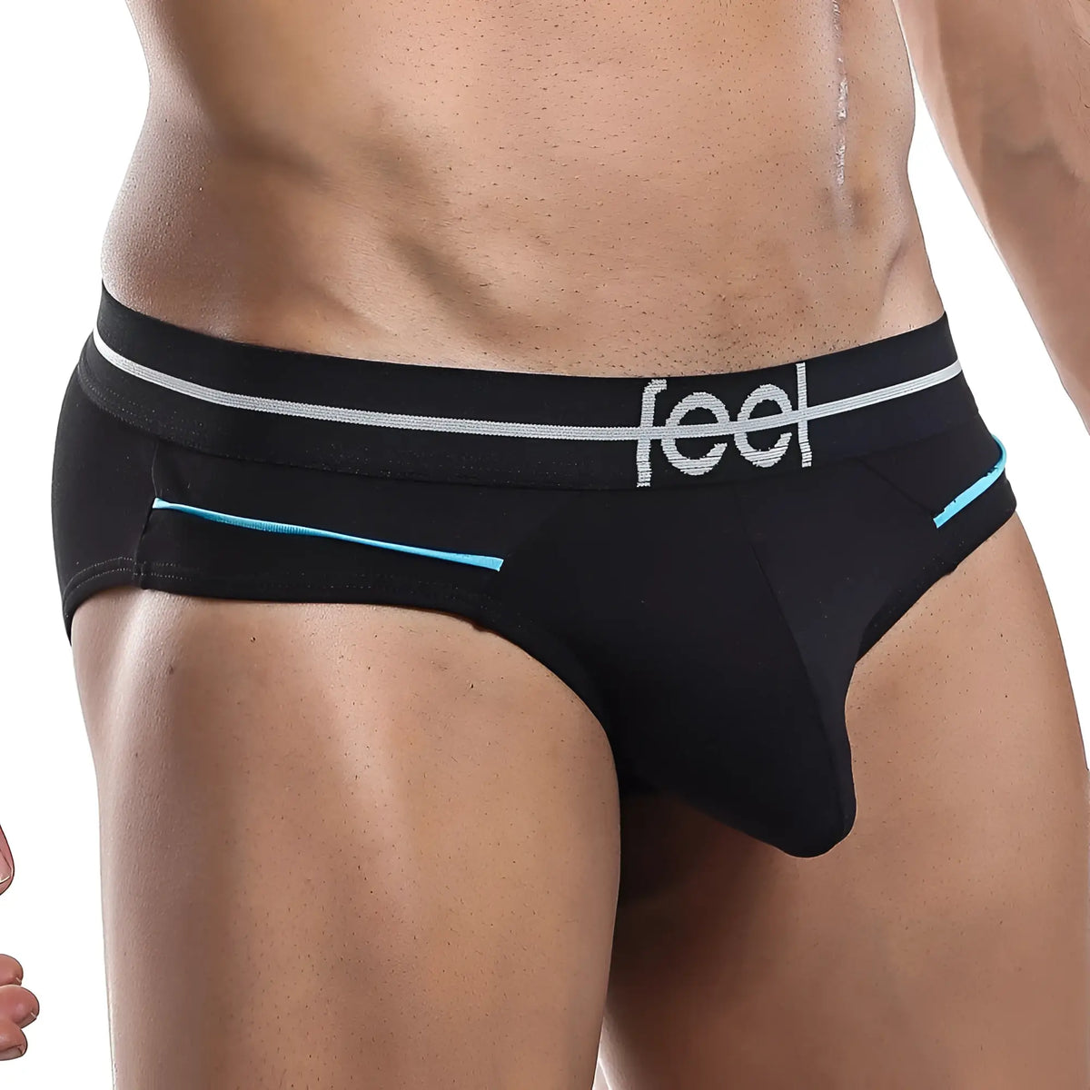 Black mens briefs feel FEH005 with white feel logo and light blue trim accents made from soft breathable fabric