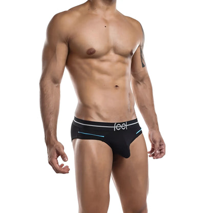 Black menâ€™s briefs feel feh005 with white and teal accent stripes and branded waistband for comfortable everyday use