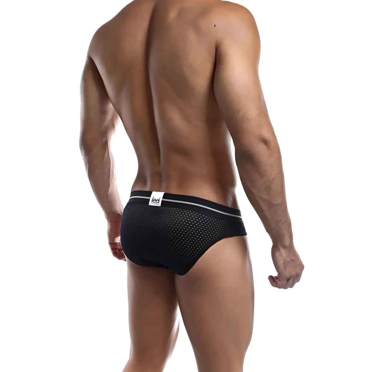 Feel fei002 bikini brief black mesh briefs with white waistband featuring feel brand logo for comfortable wear