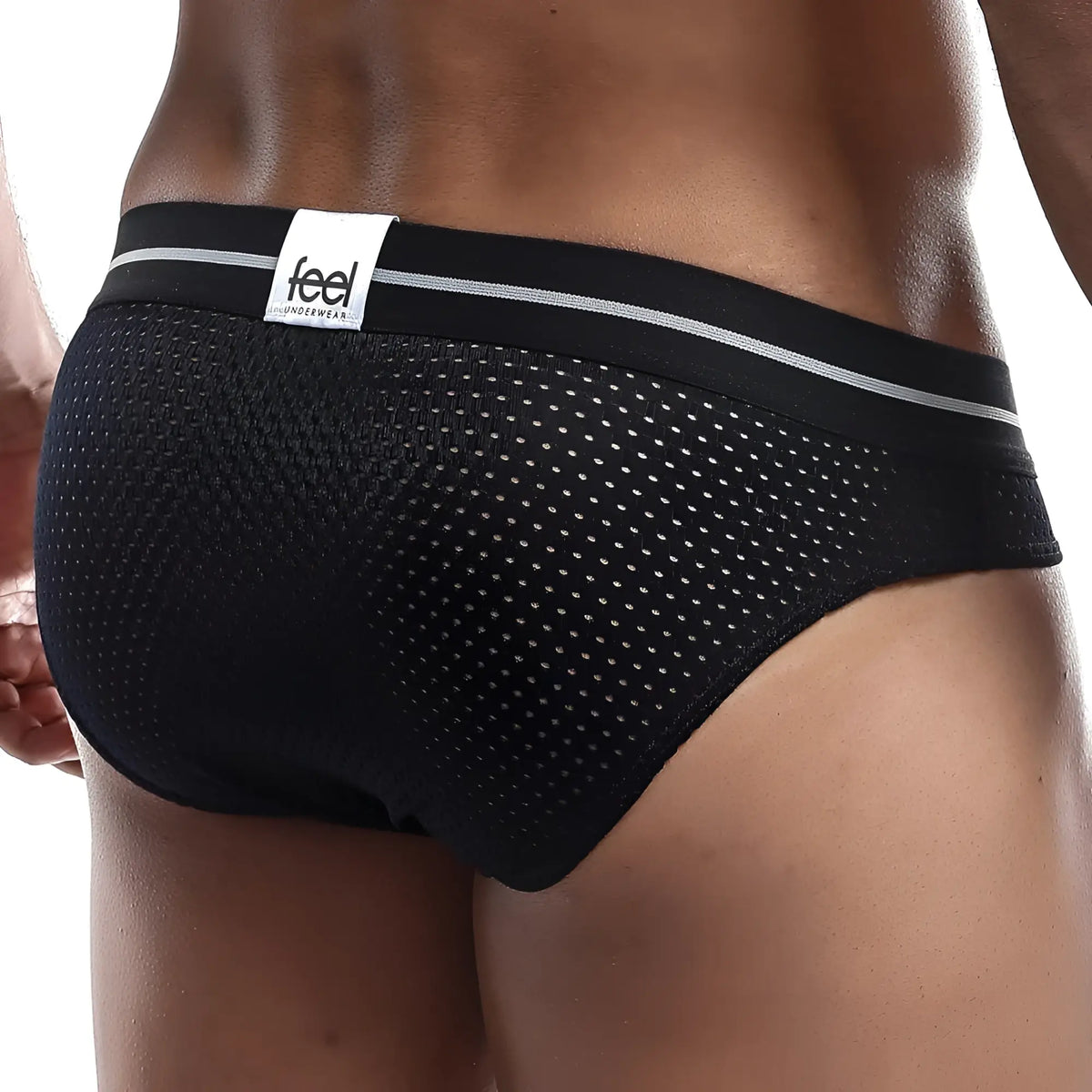 Black mesh bikini briefs with white waistband and feel brand label FEI002 for comfortable everyday wear