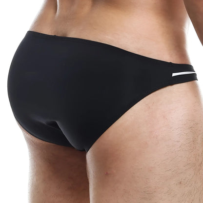 Feel FEI011 bikini brief black swim trunks with sleek minimalist design and subtle white waistband stripe