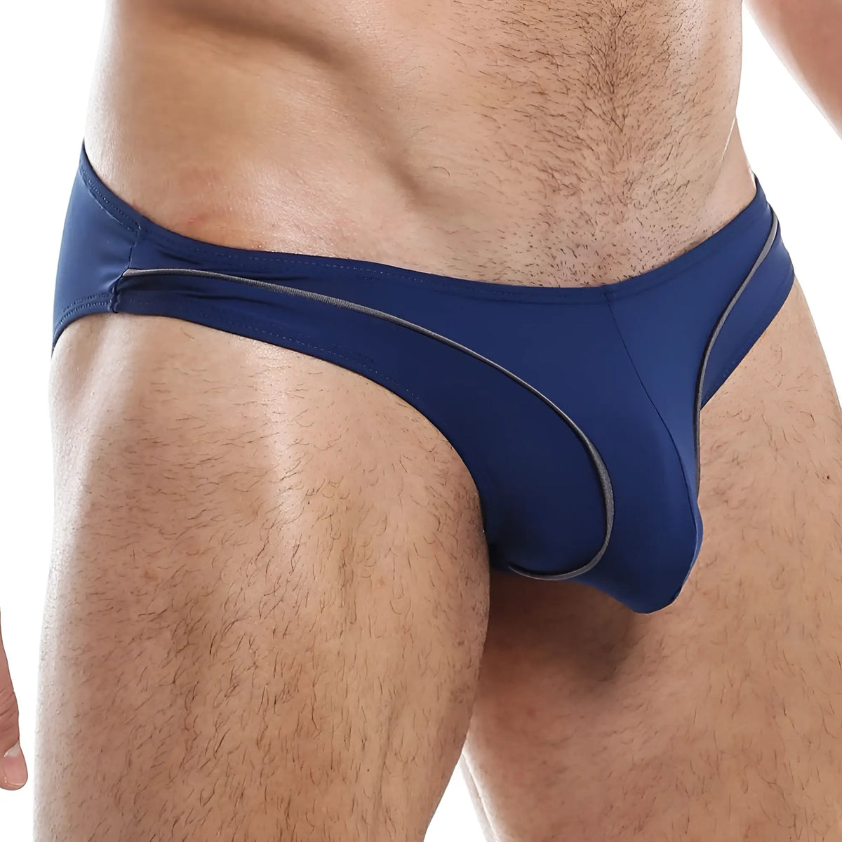 Navy blue feel fei011 bikini brief swim trunks with sleek contoured design and subtle gray trim along edges