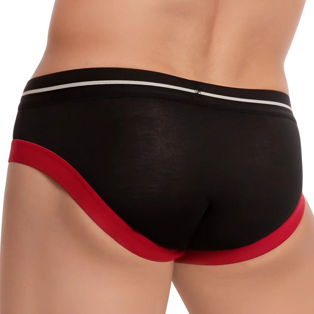 Feel FEI014 bikini brief in black with bold red trim on leg openings and a thin white stripe on the waistband