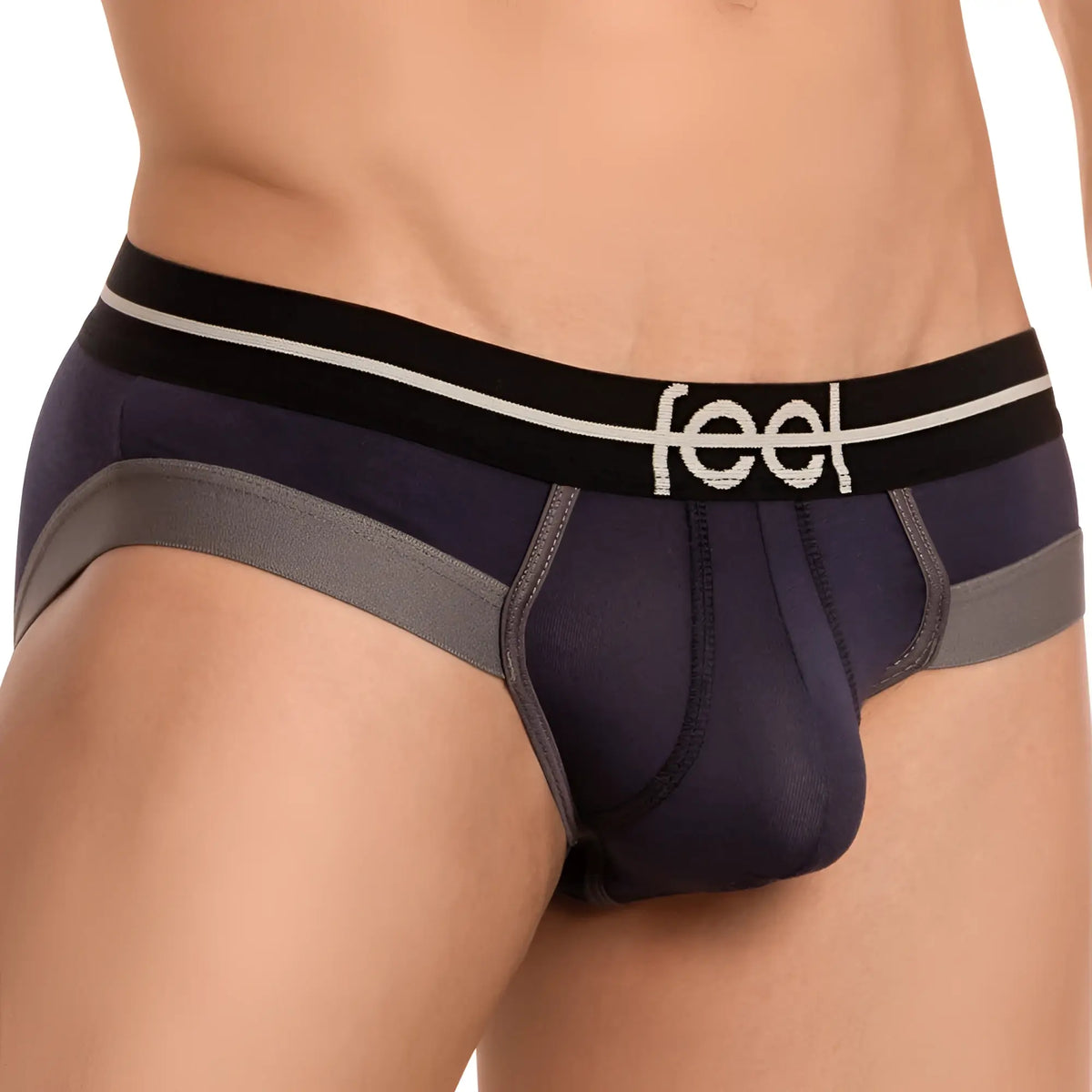 Feel fei014 bikini brief navy blue and gray menâ€™s briefs with black waistband and white feel logo