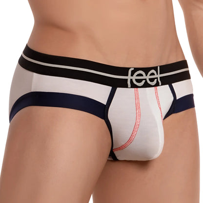Feel FEI014 bikini brief in white and navy blue with black waistband and pink stitching detail