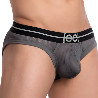 Feel FEI016 bikini brief gray mesh underwear with black waistband white feel logo and two thin silver stripes
