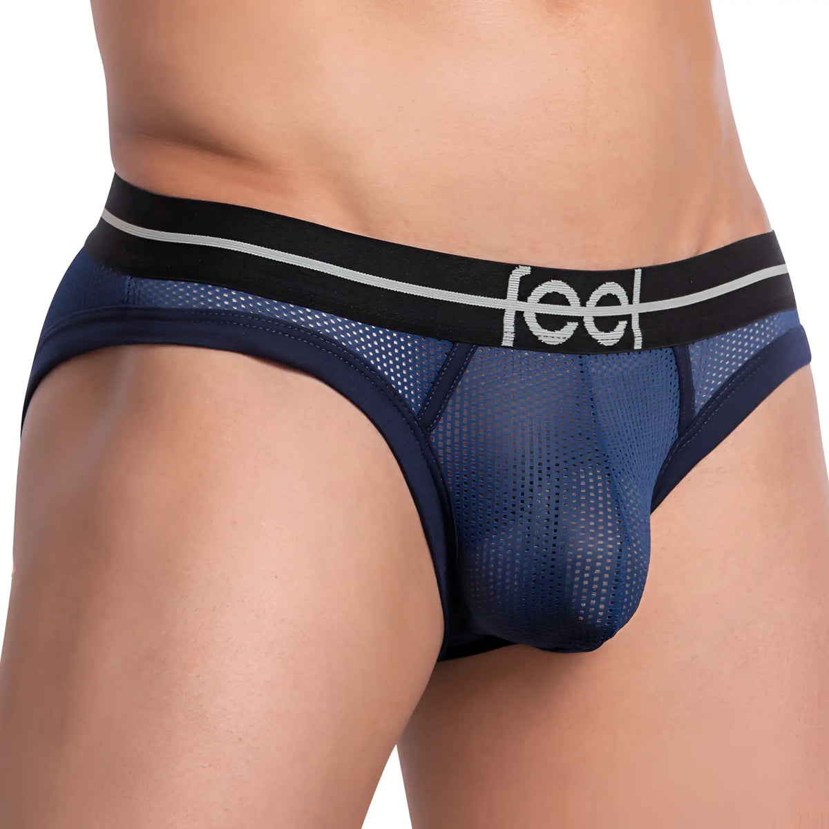Navy blue mesh feel FEI016 bikini brief with black waistband and white feel logo for comfortable wear