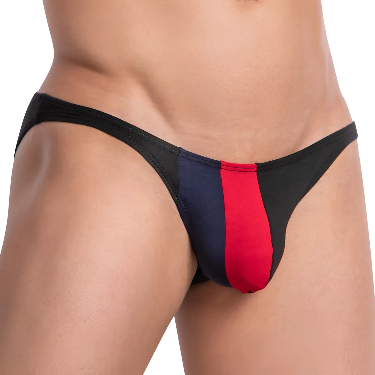 Feel fei017 bikini brief black and red striped thong with navy blue panel featuring sleek design front view