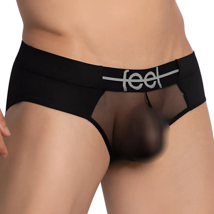 Feel fei020 bikini brief black mesh with solid black waistband and silver feel logo for comfortable wear