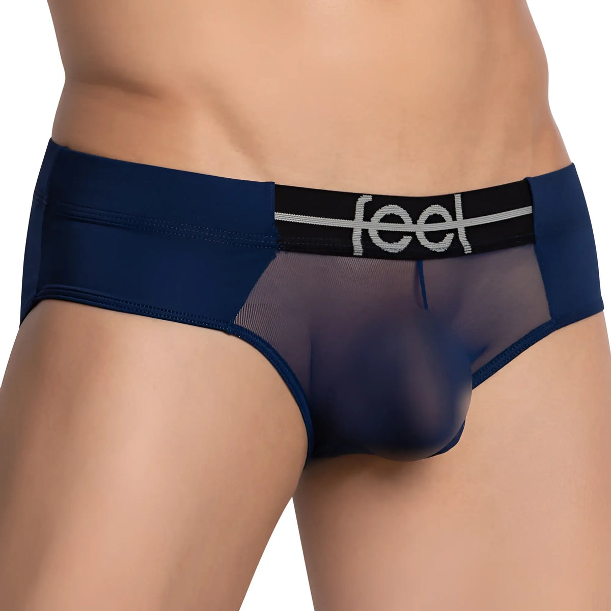 Navy blue sheer mesh menâ€™s briefs with black elastic waistband and silver feel logo from Feel FEI020 bikini brief