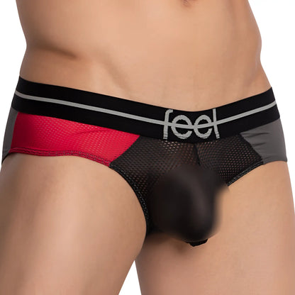 Feel fei021 bikini brief menâ€™s black and red mesh briefs with a black waistband featuring the feel logo in white