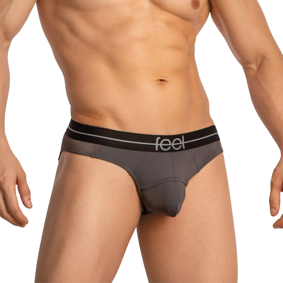 Gray menâ€™s briefs with a black waistband featuring the feel logo in white from the Feel FEI023 Bikini Brief collection