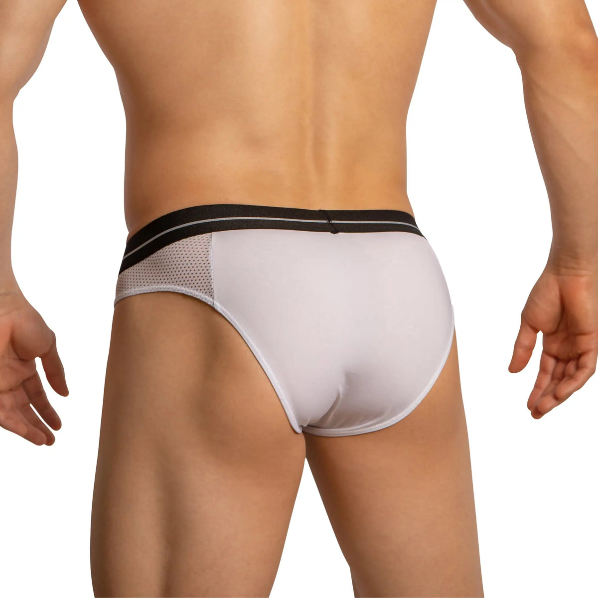White feel fei023 bikini brief with black waistband silver stripes and side mesh detailing in athletic style
