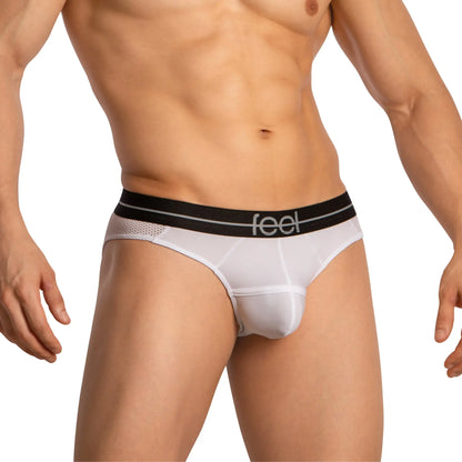 Feel fei023 bikini brief white mesh with black waistband featuring feel logo in silver lettering