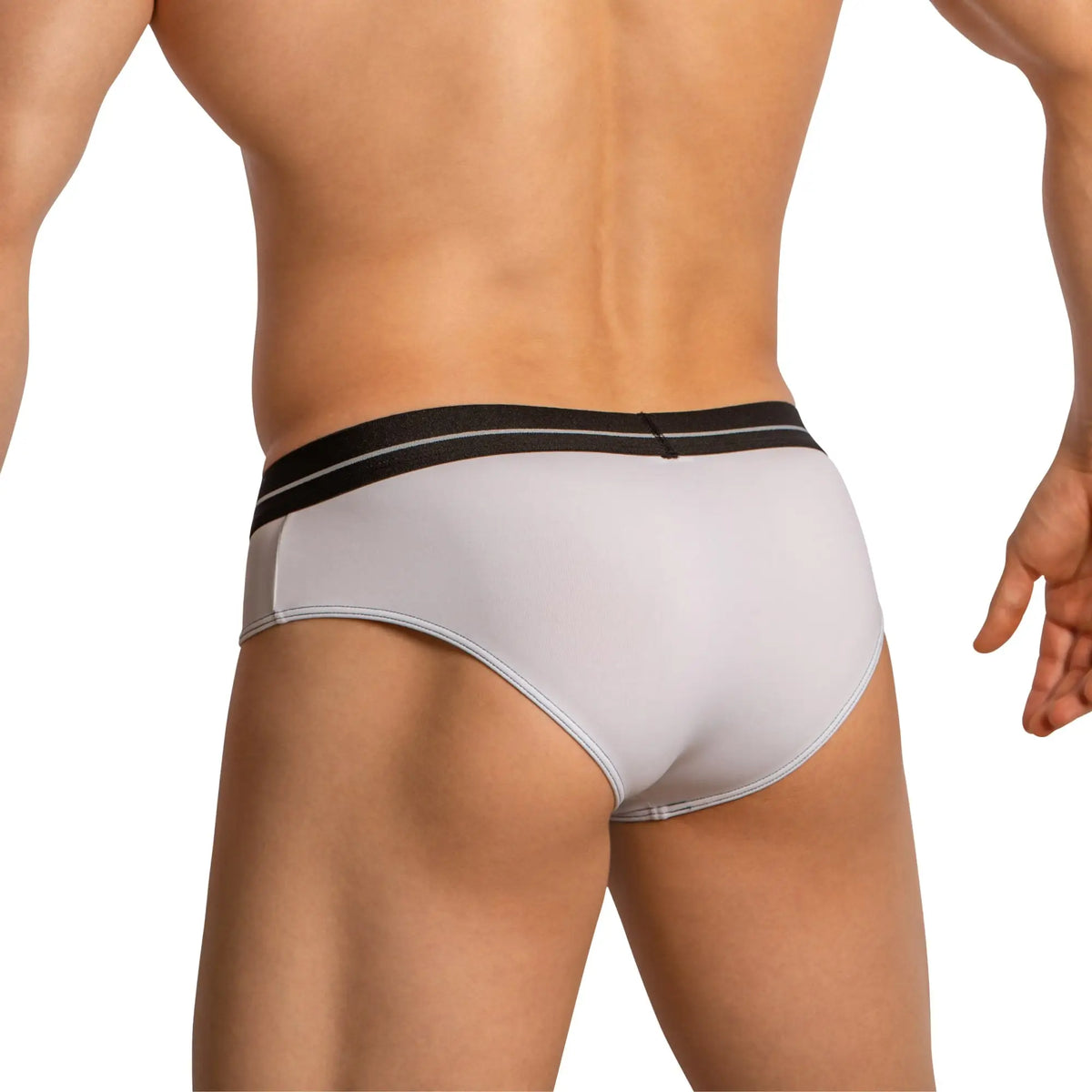 Gray feel FEI025 bikini briefs with a black waistband featuring two thin white stripes for comfortable wear