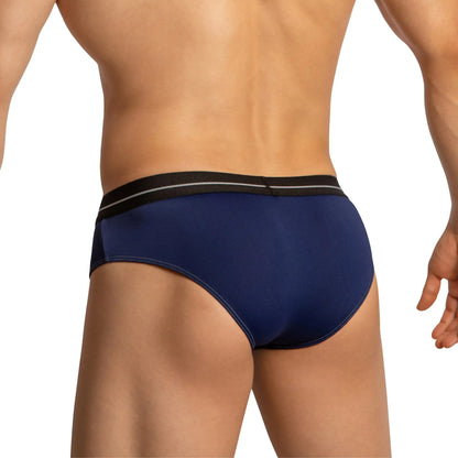 Navy blue feel fei025 bikini brief with black waistband and two thin white stripes front view microfiber material