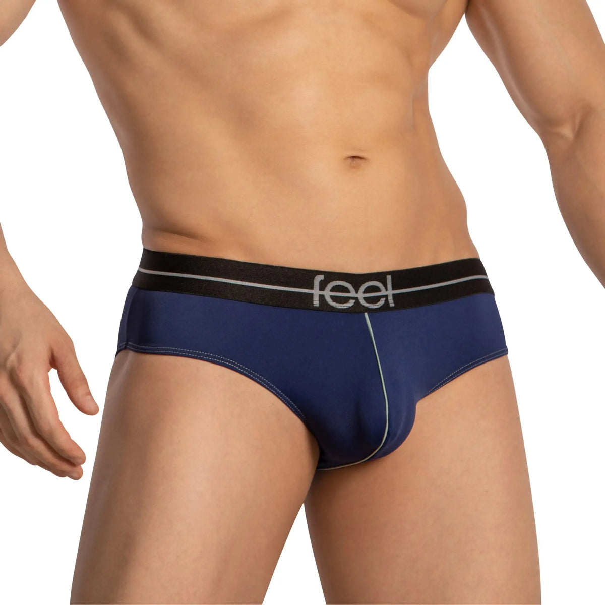 Navy blue feel fei025 bikini brief with black waistband logo and subtle stitching details for men