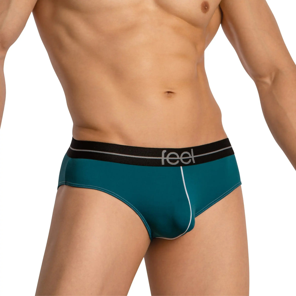 Teal menâ€™s briefs with black waistband featuring feel logo in white from feel FEI025 bikini brief collection