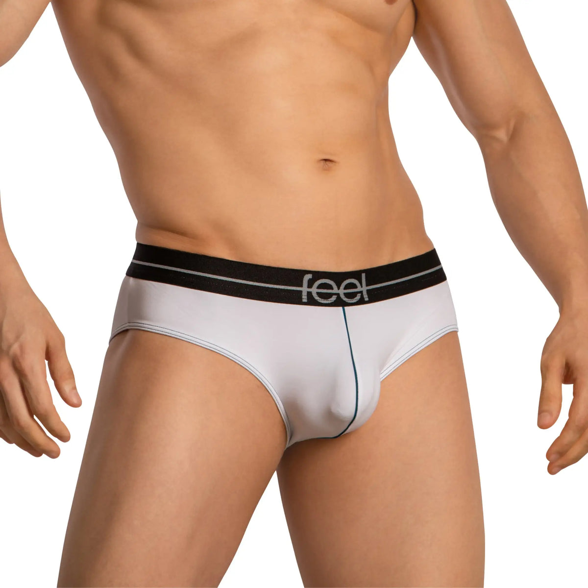 White feel fei025 bikini brief with black waistband silver logo and thin blue center seam for menâ€™s underwear
