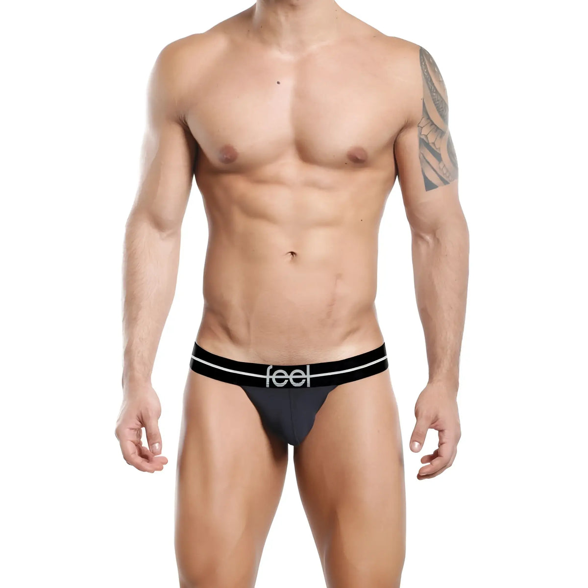 Black feel FEK002 slip thong briefs with white logo waistband showing front side in soft breathable fabric
