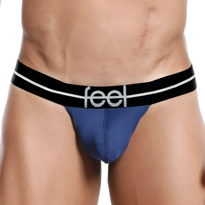 Feel FEK002 slip thong briefs in blue with a black waistband featuring white stripes and the feel logo