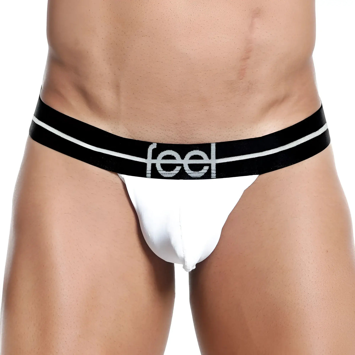 White feel FEK002 slip thong briefs with black waistband white stripes and silver feel logo front view