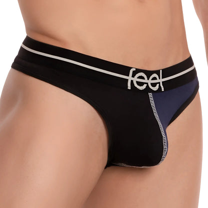 Feel fek025 thong black and navy blue briefs with white trim and stitching showing front side design