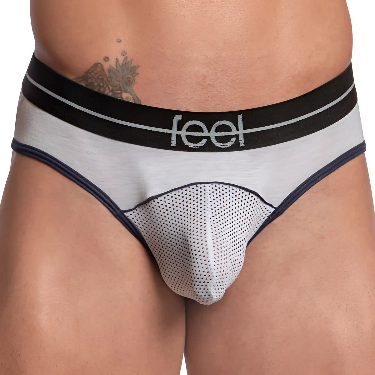 Feel fek029 thong gray and navy blue mesh briefs with black waistband featuring feel logo in white letters