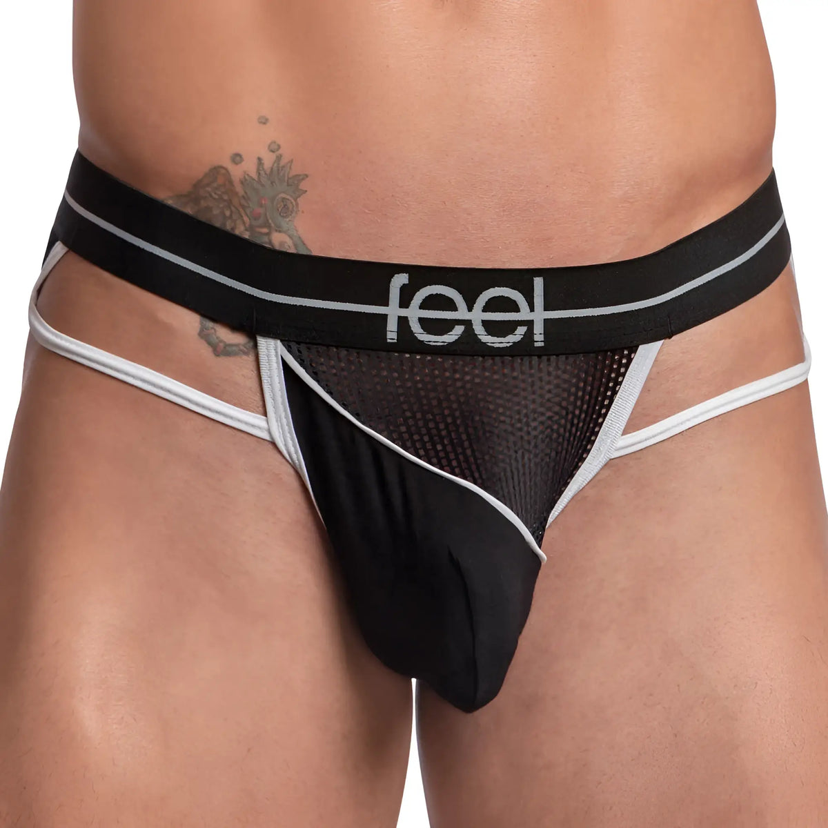 Feel FEK030 thong black and white mesh thong with branded waistband showing front side design