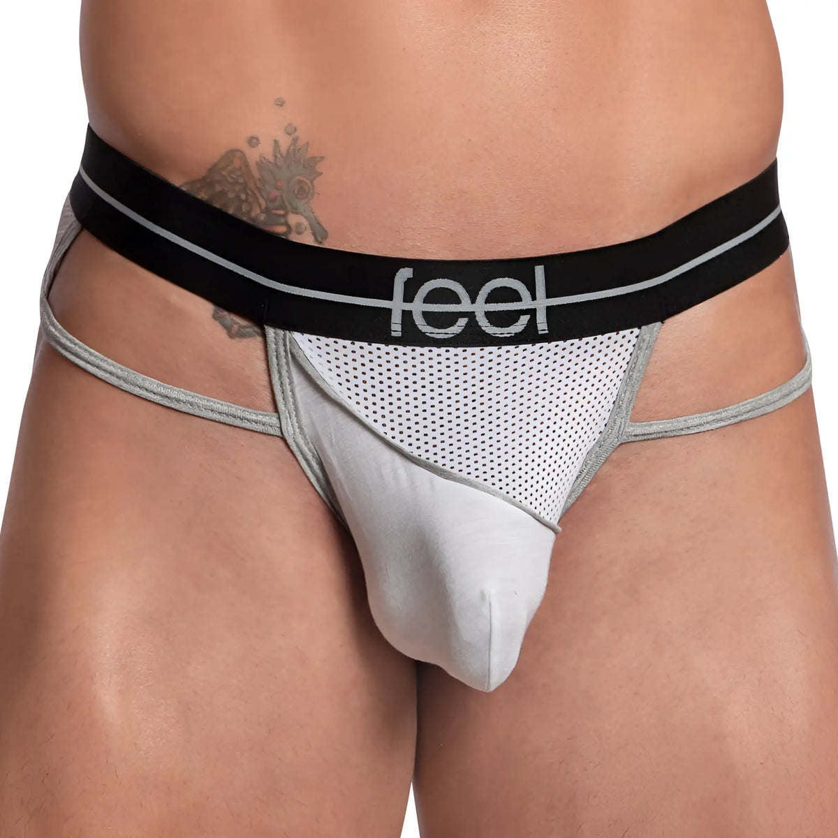 Gray and black mesh thong with feel branding on the waistband showing the front side from the Feel FEK030 Thong line