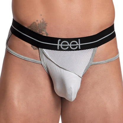 Gray and black mesh thong with feel branding on the waistband showing the front side from the Feel FEK030 Thong line