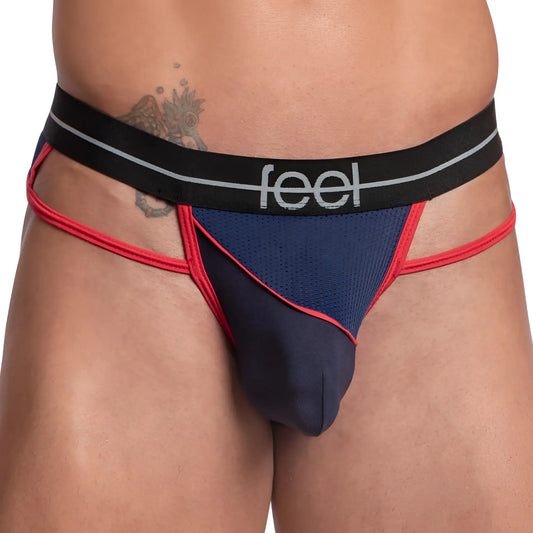 Navy blue and red mesh Feel FEK030 thong with black waistband and white feel logo on front side