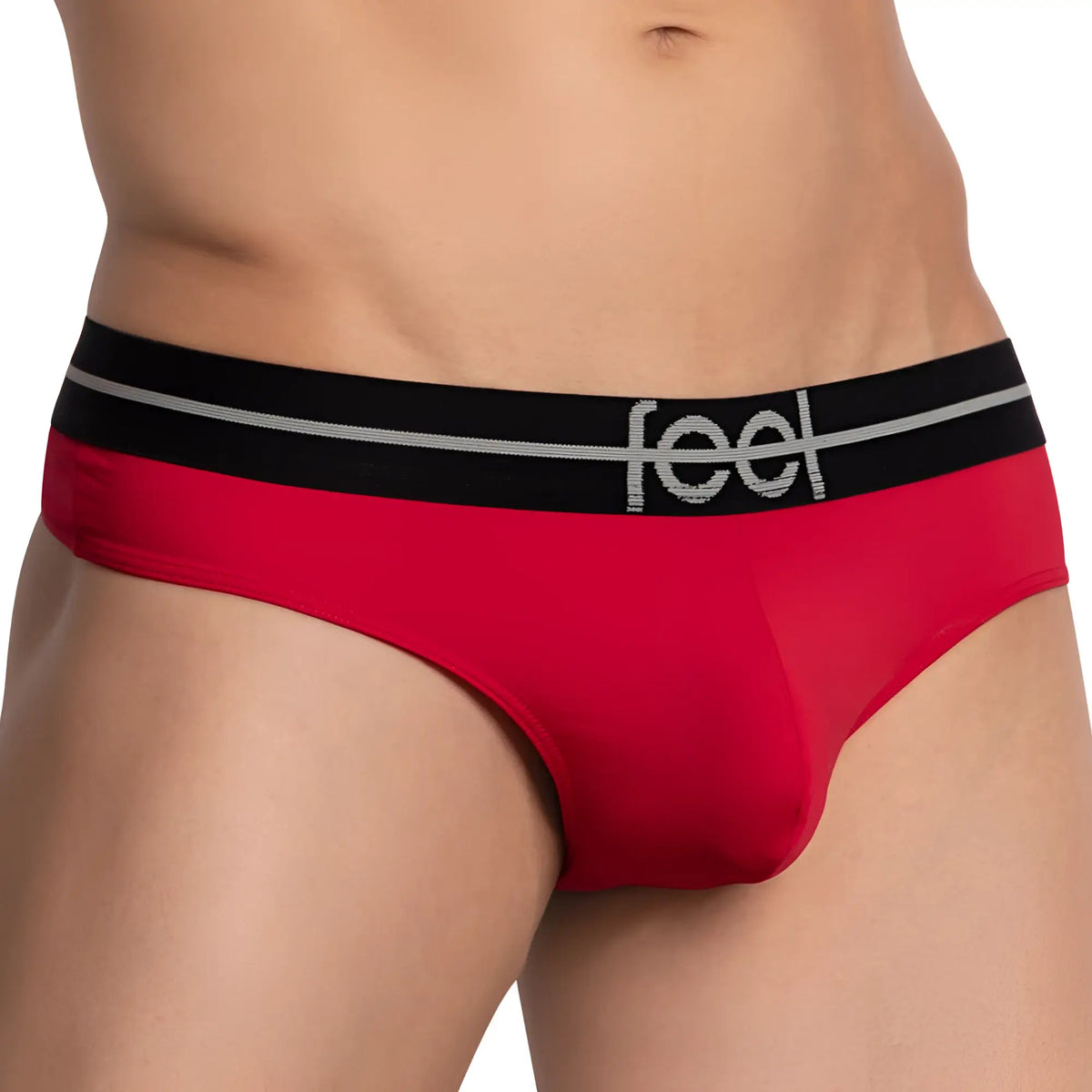 Red menâ€™s briefs with a black waistband featuring the feel logo in silver lettering for comfortable everyday wear