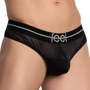 Black mesh thong briefs with gray-striped waistband featuring feel logo from feel fek032 collection