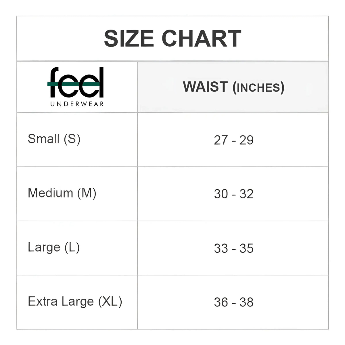 Feel FEK032 thong underwear size chart showing waist measurements for small to extra large sizes