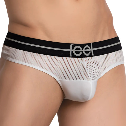 White mesh briefs with a black waistband featuring the feel logo in silver lettering feel FEK032 thong front view