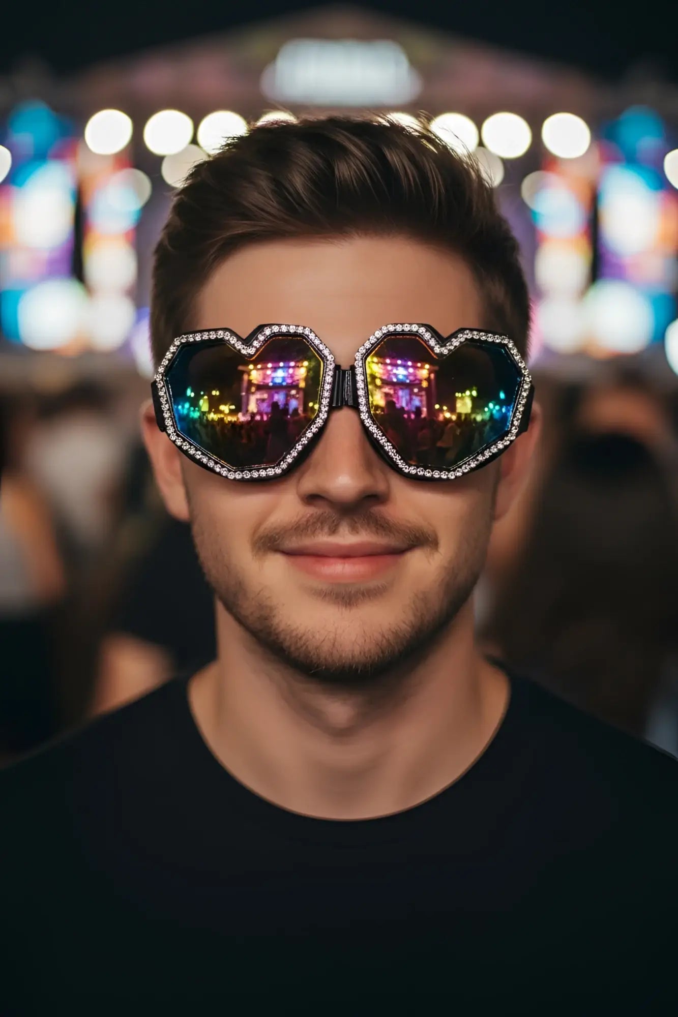 Festival goggle heart-shaped sunglasses with mirrored lenses reflecting colorful lights and rhinestone frame