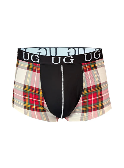 Festive comfort men’s cotton trunk boxer briefs in black and plaid pattern with branded waistband