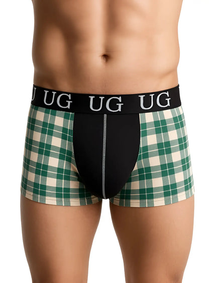 Festive comfort men’s cotton trunk in green and cream plaid with black panel and ug logo waistband