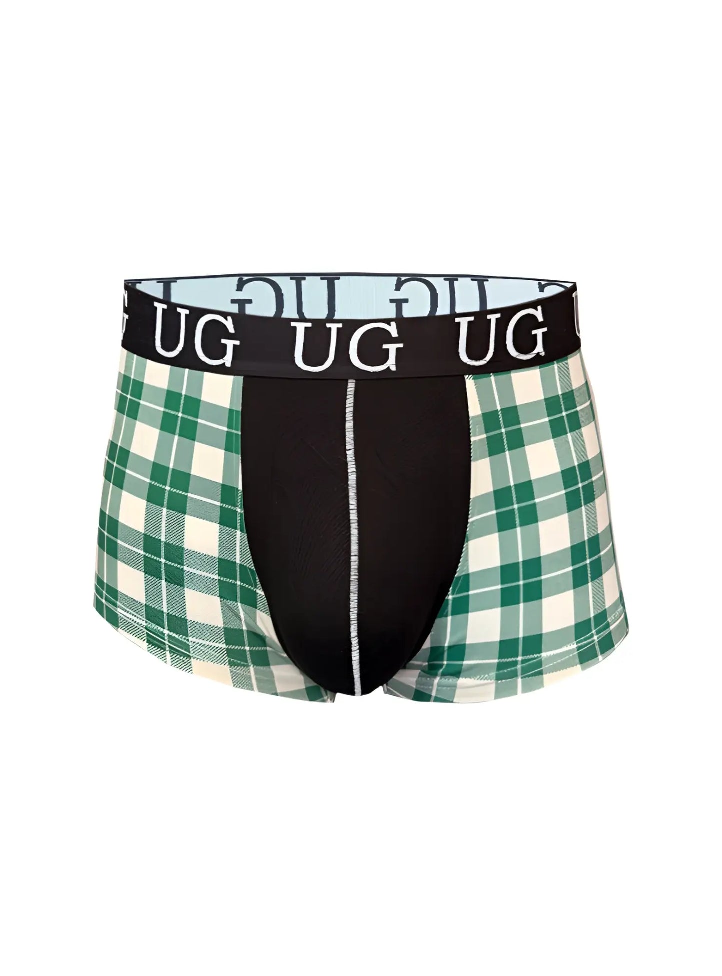 Festive comfort men’s cotton trunk boxer briefs in green and white plaid with black panel and ug logo waistband