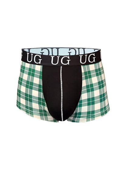 Festive comfort men’s cotton trunk boxer briefs in green and white plaid with black panel and ug logo waistband