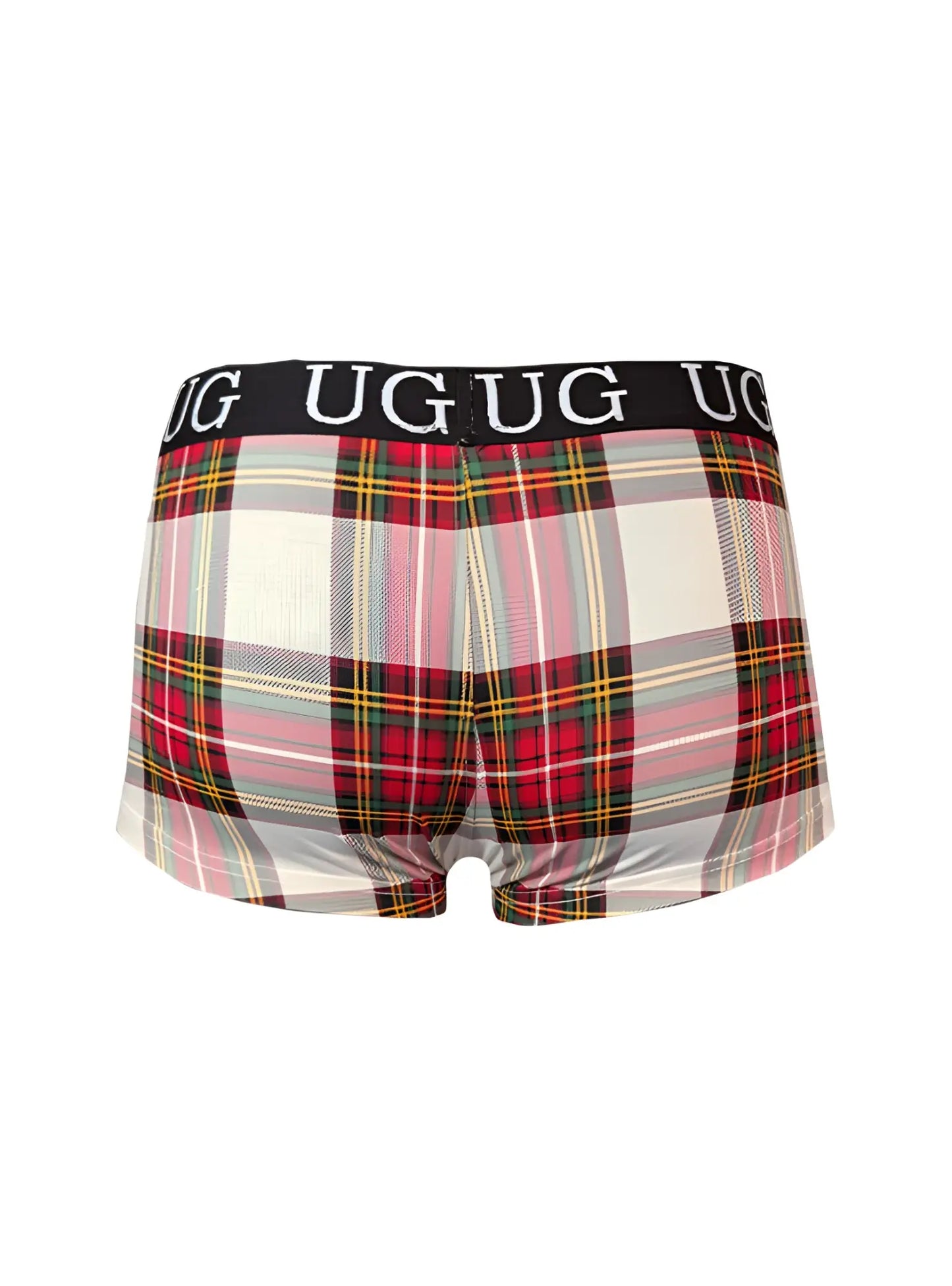 Festive comfort men’s cotton trunk underwear with plaid pattern in red pink and green stripes on white base