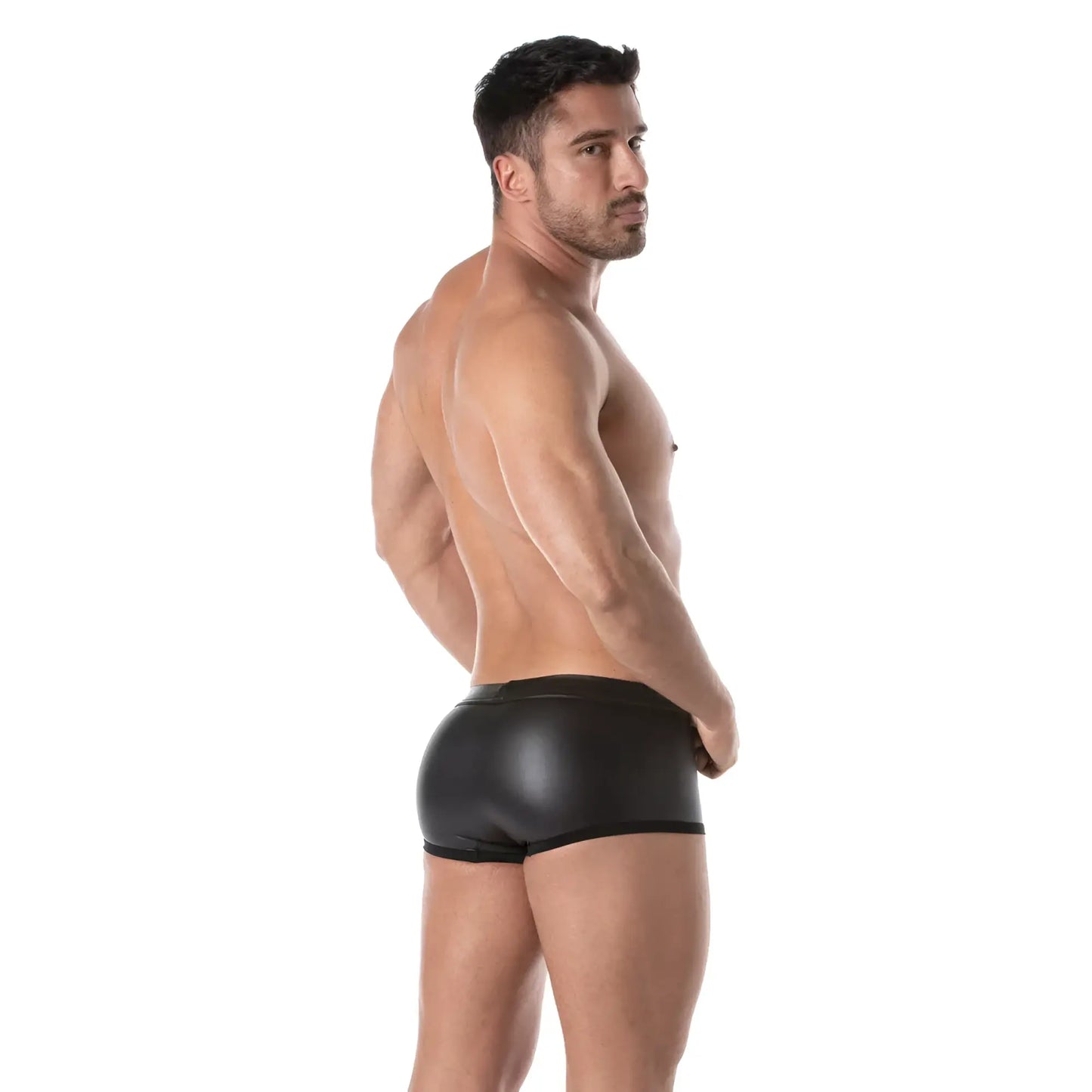 Black glossy faux leather fetish swim trunks with a sleek form-fitting design for bold swimwear style