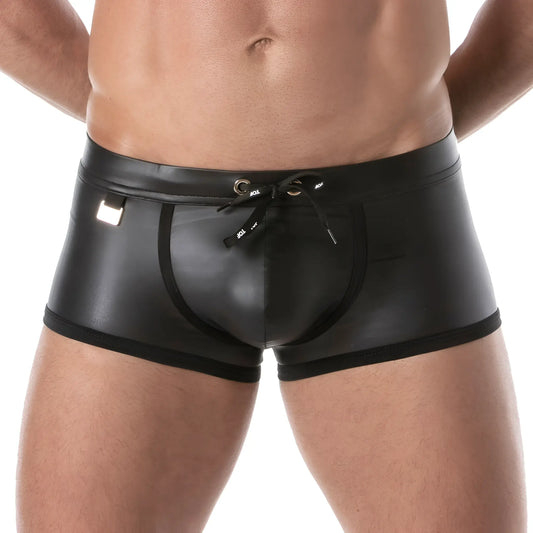 Black patent leather fetish swim trunks with drawstring waistband and side pockets for stylish swimwear use
