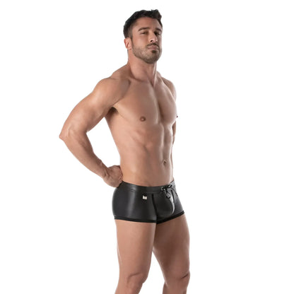 Black patent leather fetish swim trunks with drawstring waistband and small front pouch briefs style