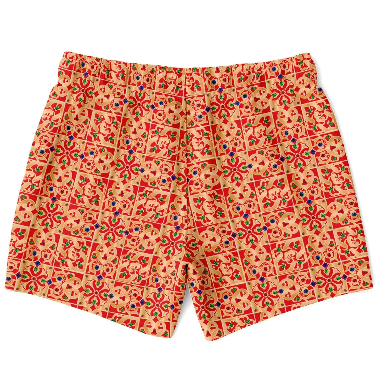 Men's swim shorts by Maris Equi in a vibrant red and yellow pattern featuring floral and geometric designs with an elastic waistband.