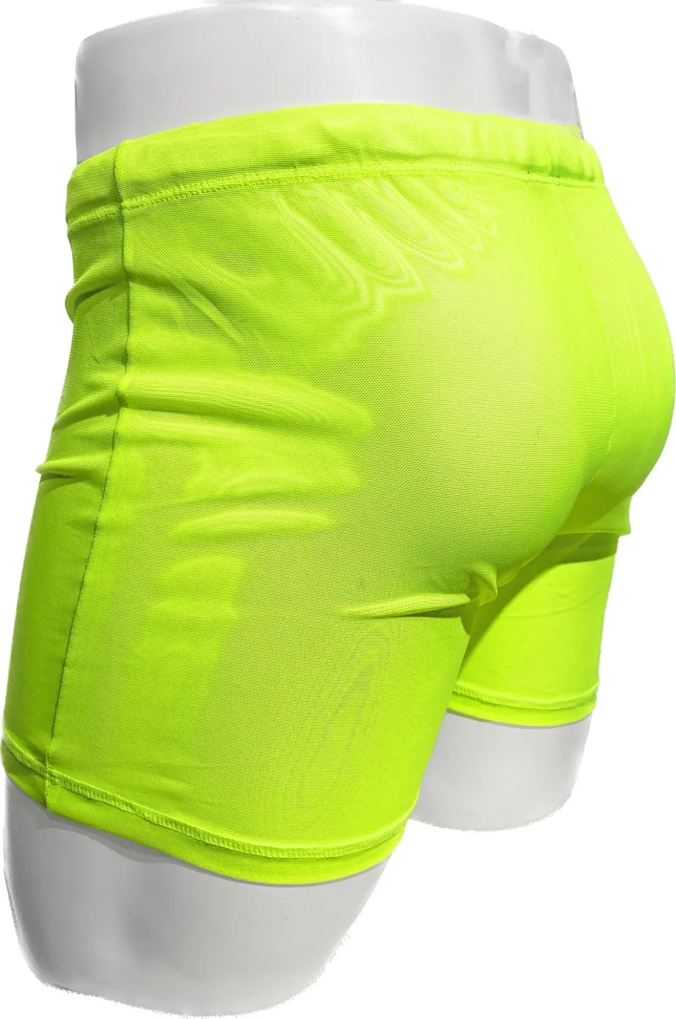 Fine mesh short neon green athletic shorts with snug fit elastic waistband made from breathable mesh material